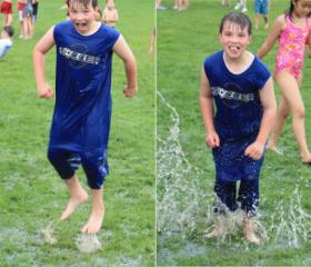 Robert jumps in a puddle