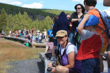 People wait for Old Faithful