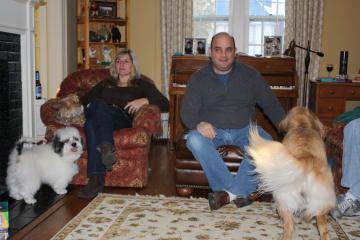 Deb and Kev and three dogs